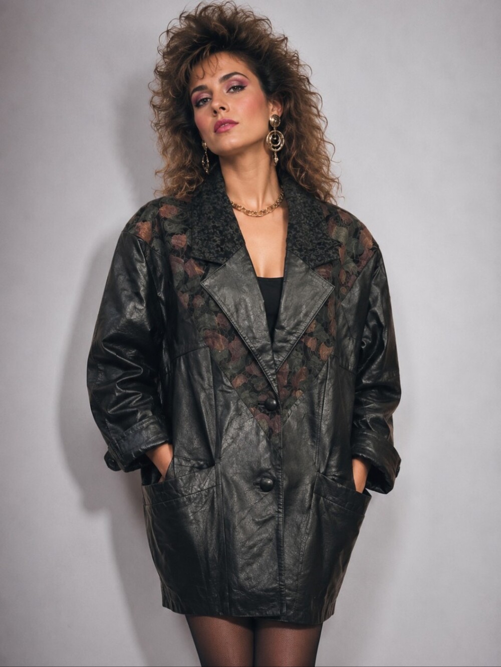 Vtg 80s Black Leather Coat oversized Tonal Pattern shoulder pads Rocker Chic L